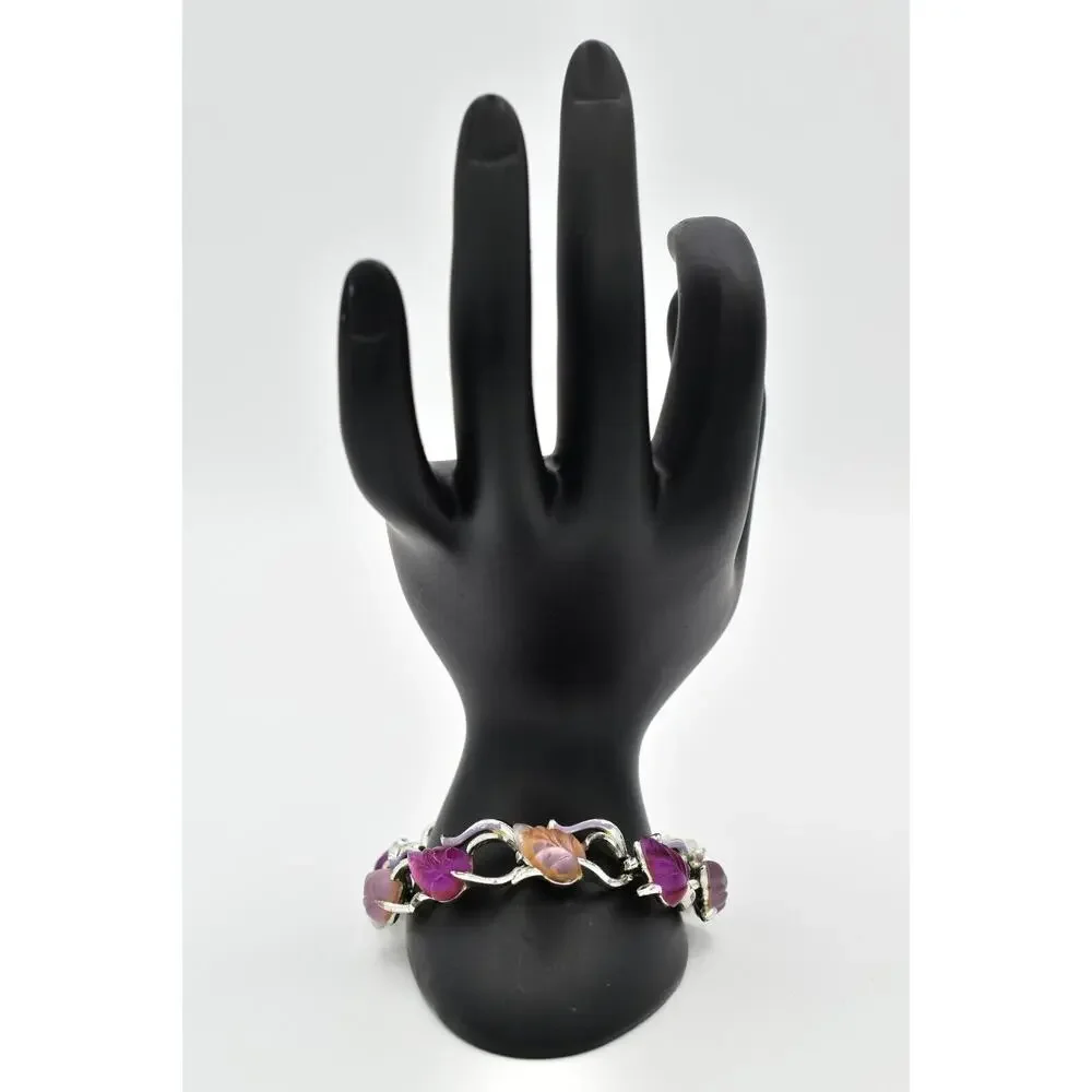 Star Vintage Choker Bracelet Purple Lucite Leaf Silver Chunky Signed 1940s BinAW